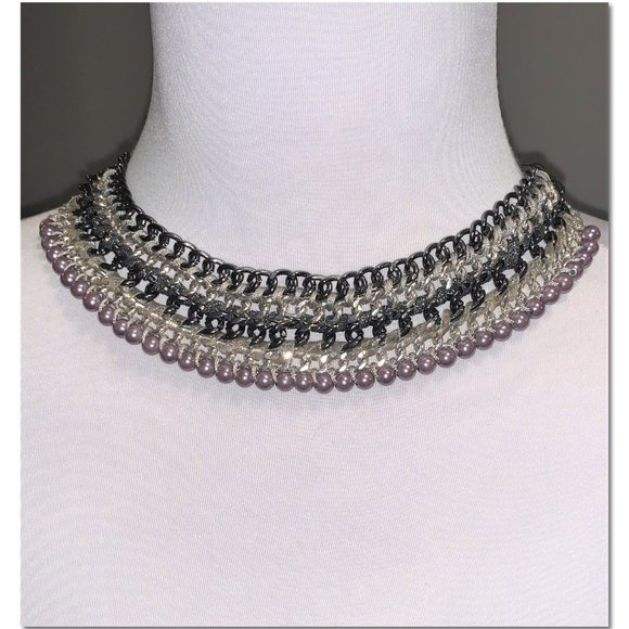 Express Jewelry - Express Silver Gunmetal Beaded Bib Statement Necklace EUC